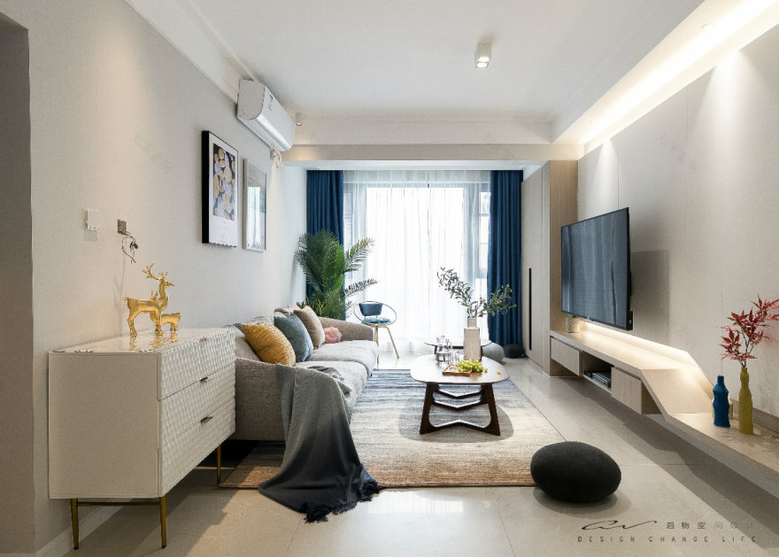 双主卧 90 平空间设计,木色电视墙与仿生植物的完美融合-3