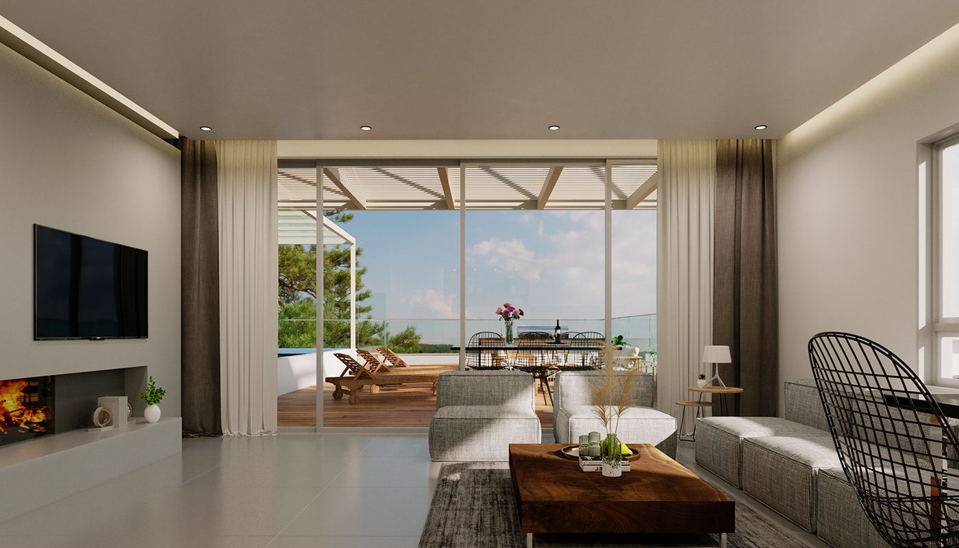 House with pool, living room.-3