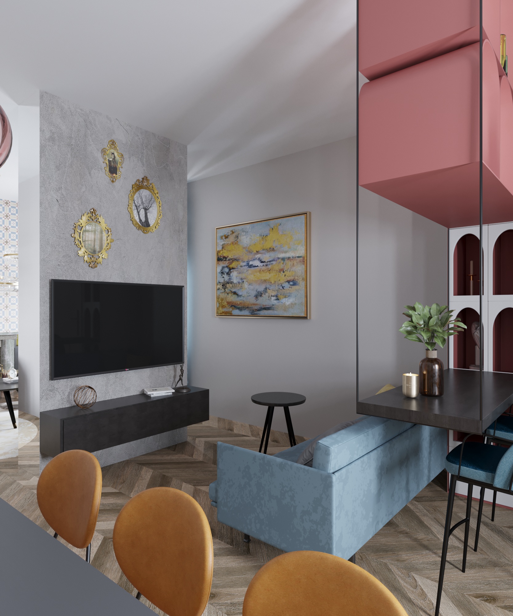 Living room with fireplace in a country house-4