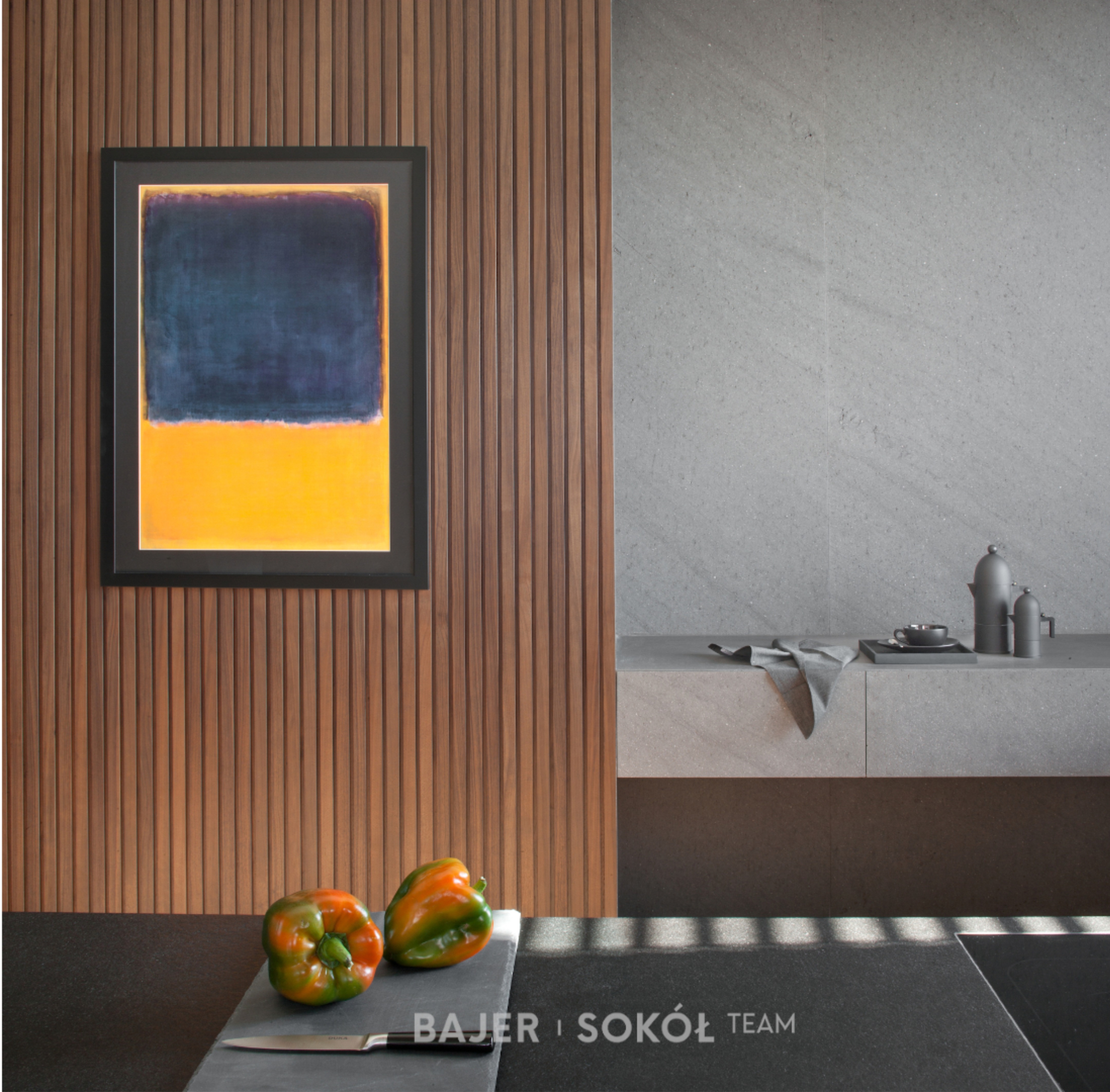 华沙中心小公寓，美式核桃木与灰岩的温馨空间-1