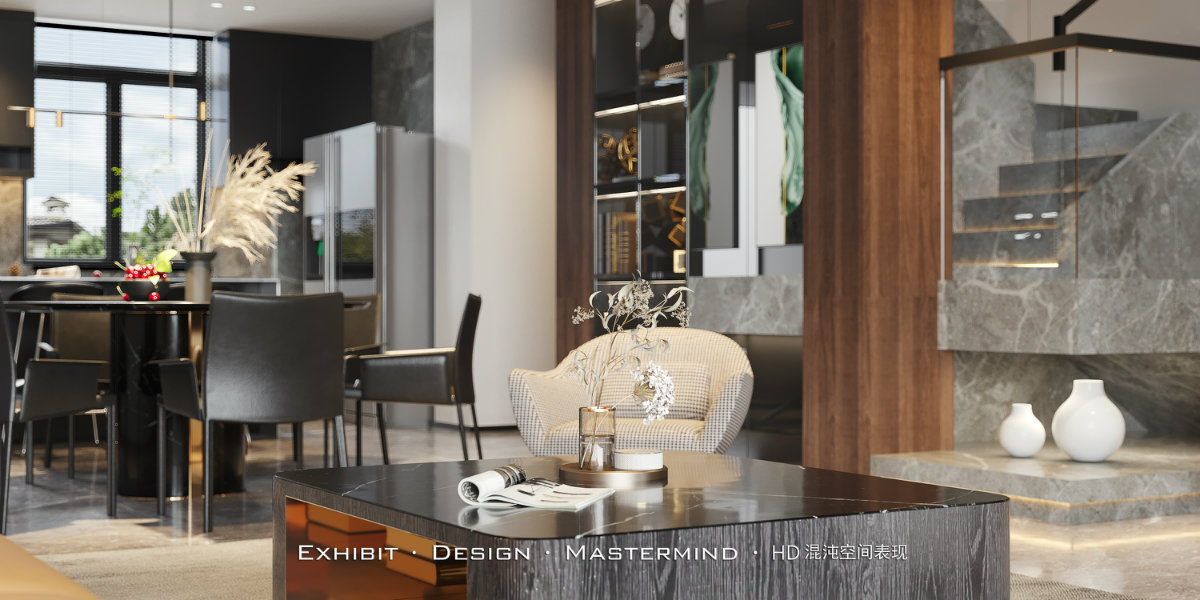 现代黑白灰客厅餐厅设计，展现混沌空间魅力-1