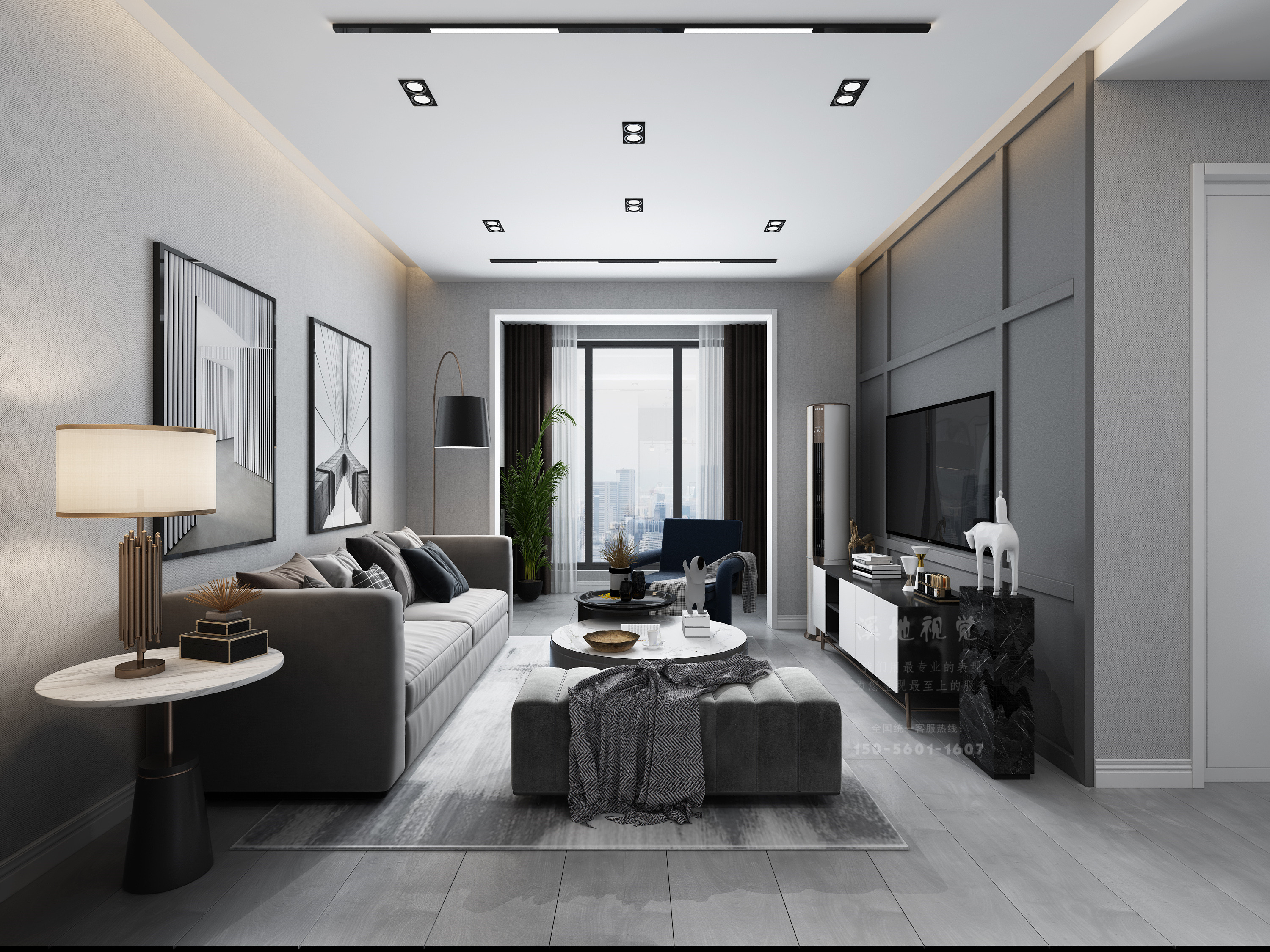 现代黑白灰家装客餐厅主卧-1