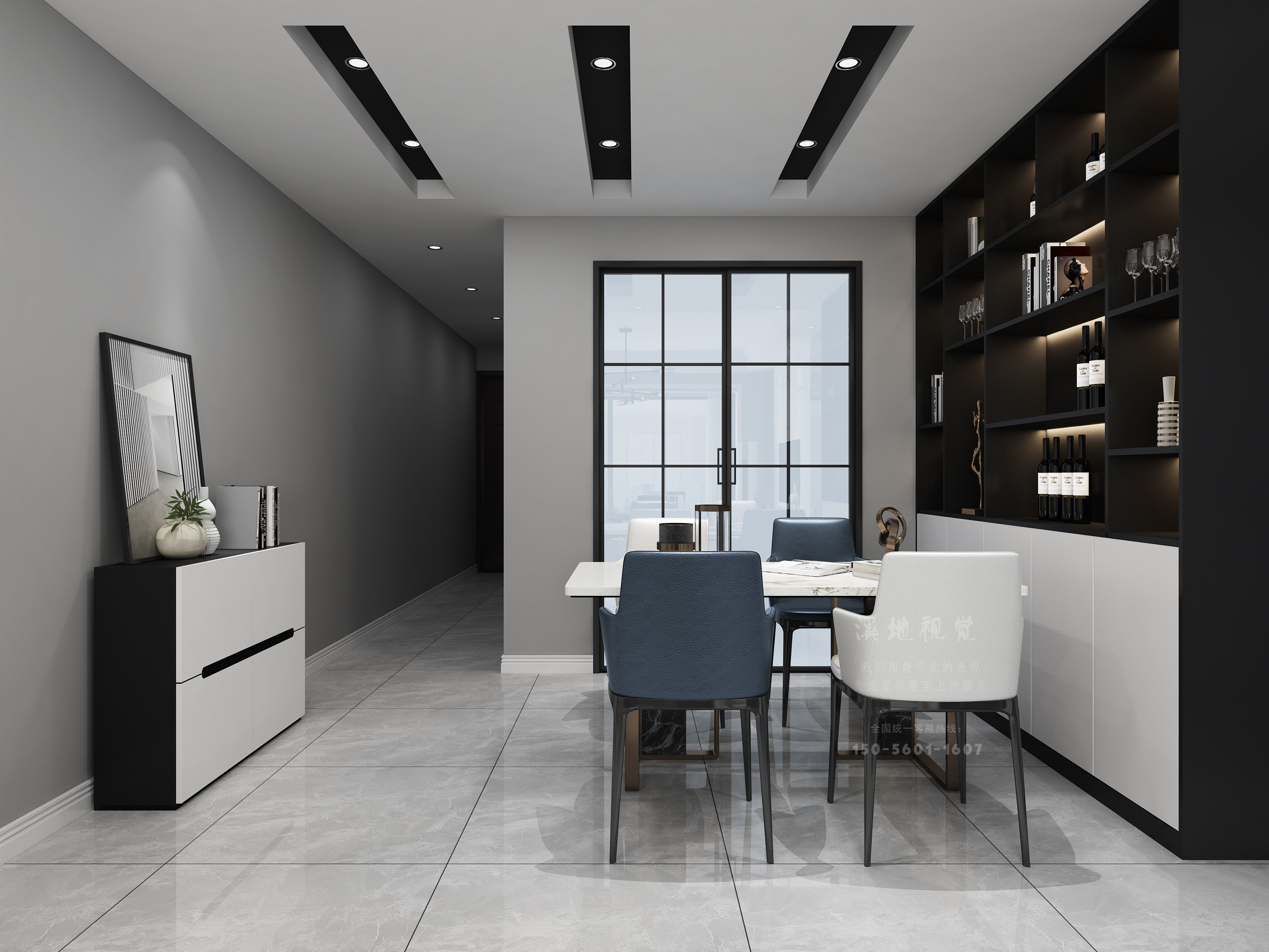 现代黑白灰家装客餐厅主卧-3